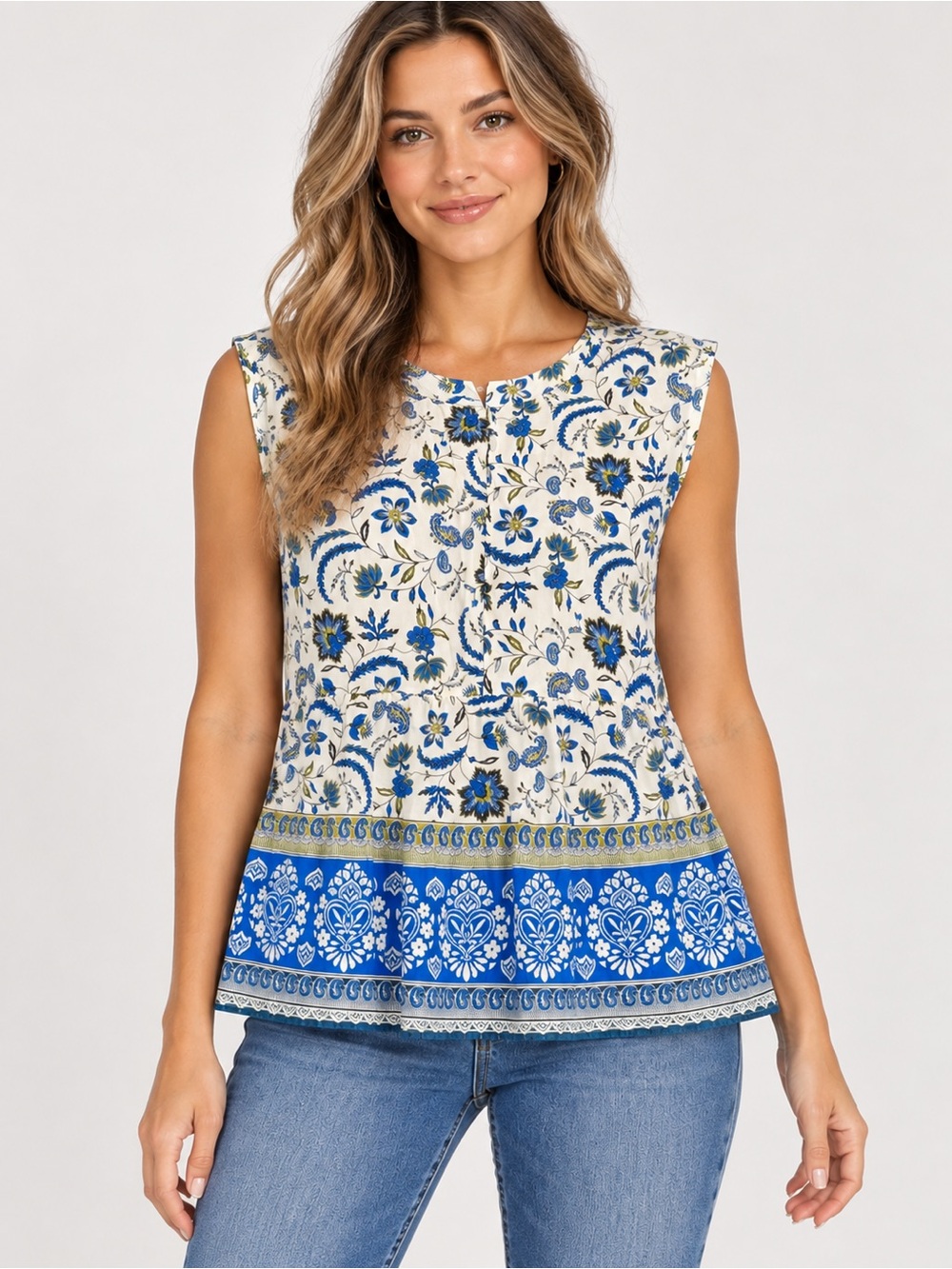 BeachLunchLounge Women’s M Jessa Border Print Ibiza Floral Sleeveless Blouse